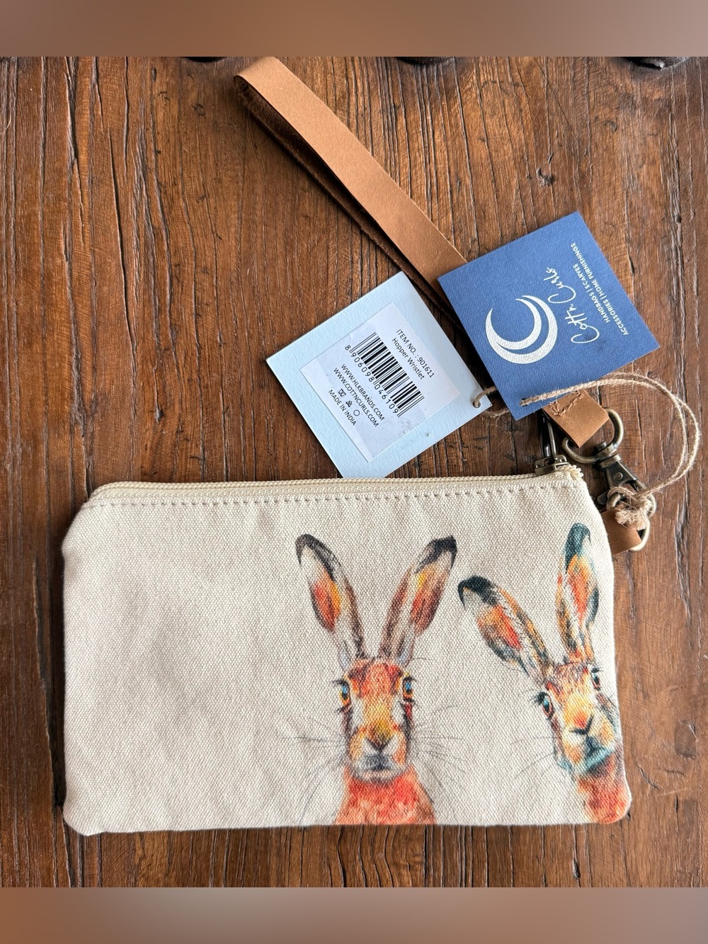 Cott N Curls Canvas Wristlet Clutch in Natural Hare Print Rabbit leather strap